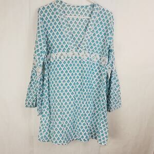 Womens blue and white beaded and sequined vneck mermaid tunic blouse size medium